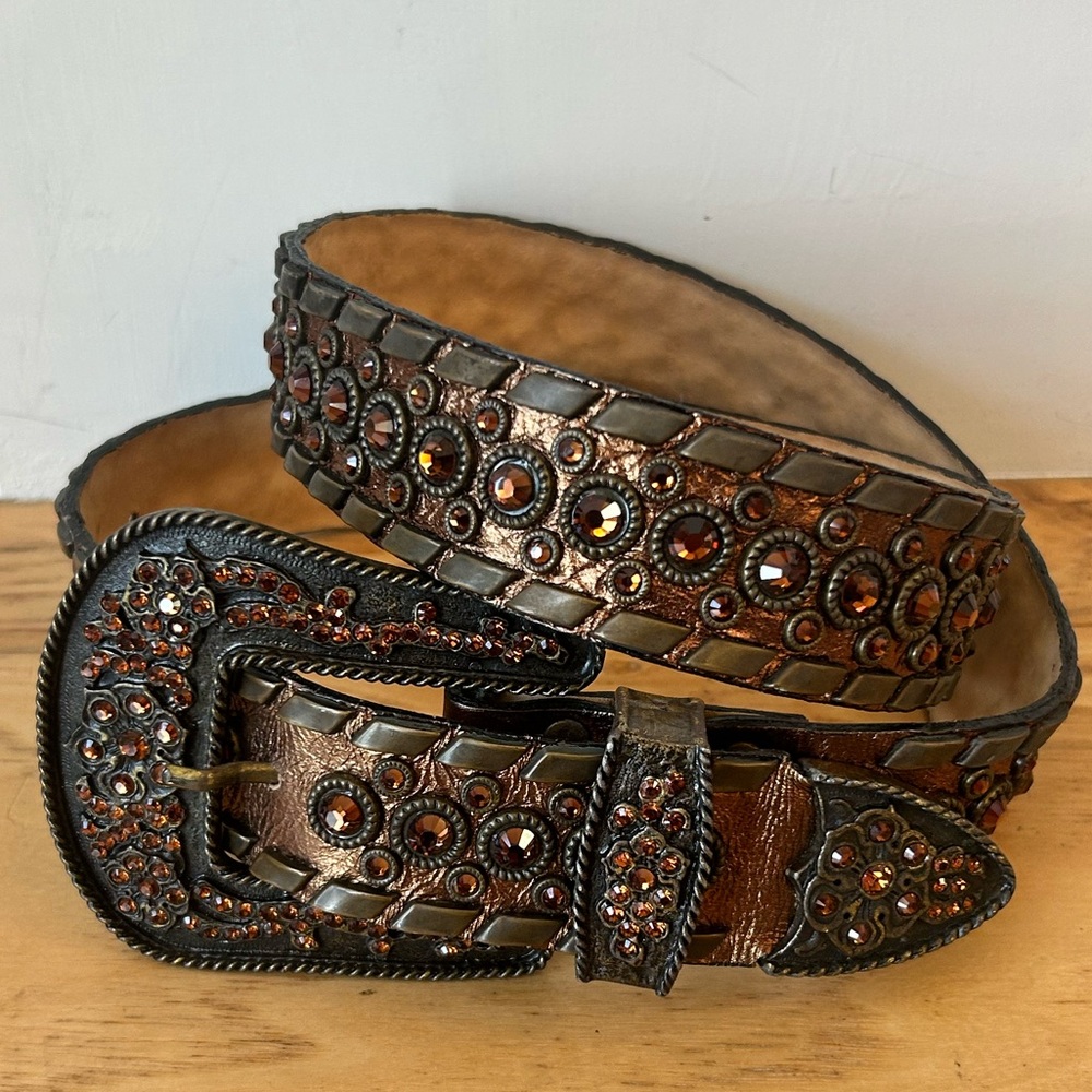 Vintage Leather Rock Rhinestone Western Cowgirl Belt Copper Bronze Cognac USA